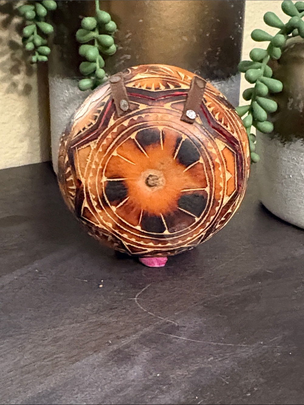 Handcrafted Carved Gourd with Geometric Design - Brown & Black